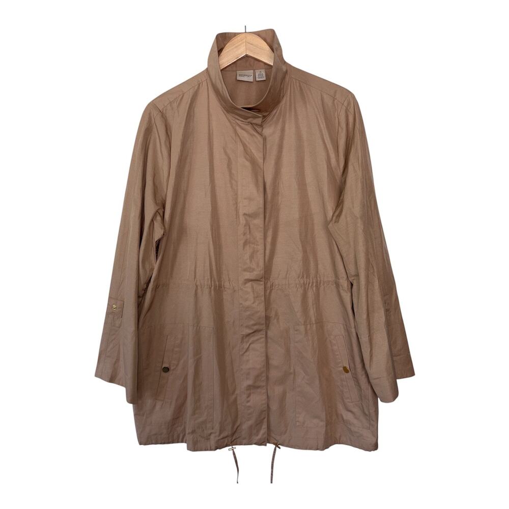 Chicos Zenergy Funnel Neck Cinch Waist Lightweight Tan Jacket Longer Length SZ 3